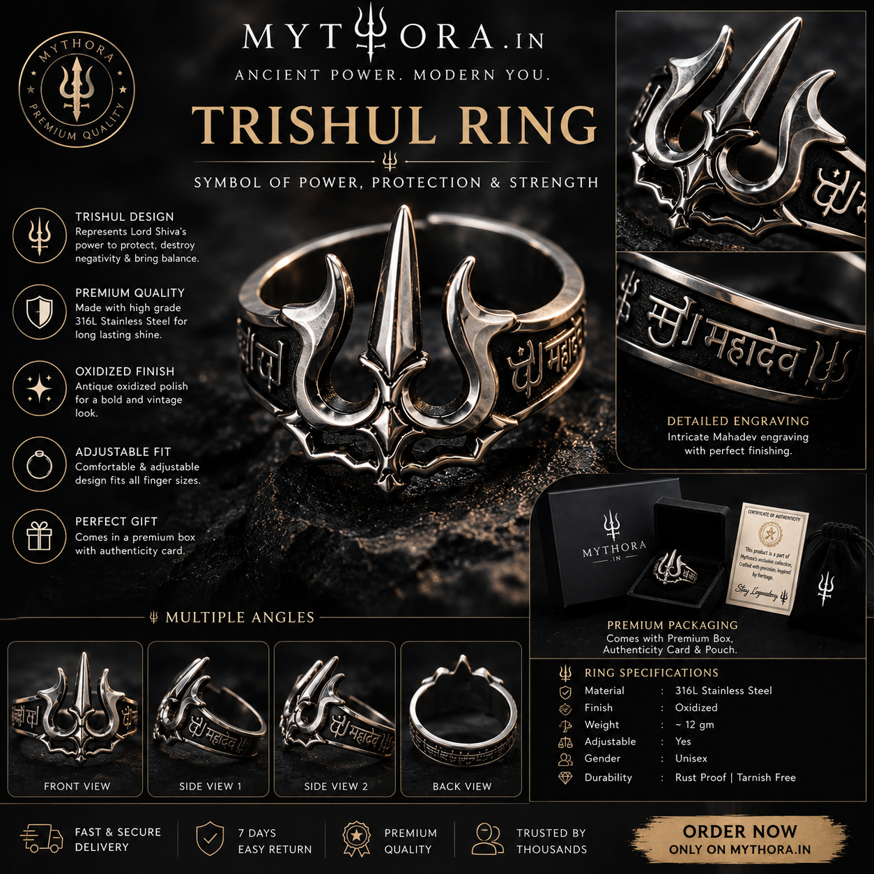 Trishul Ring for Men & Women | Mahadev Shiva Ring | 316L Stainless Steel | Mythora.in