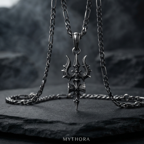MYTHORA Trishul Pendant | Premium Oxidized Silver Necklace for Men