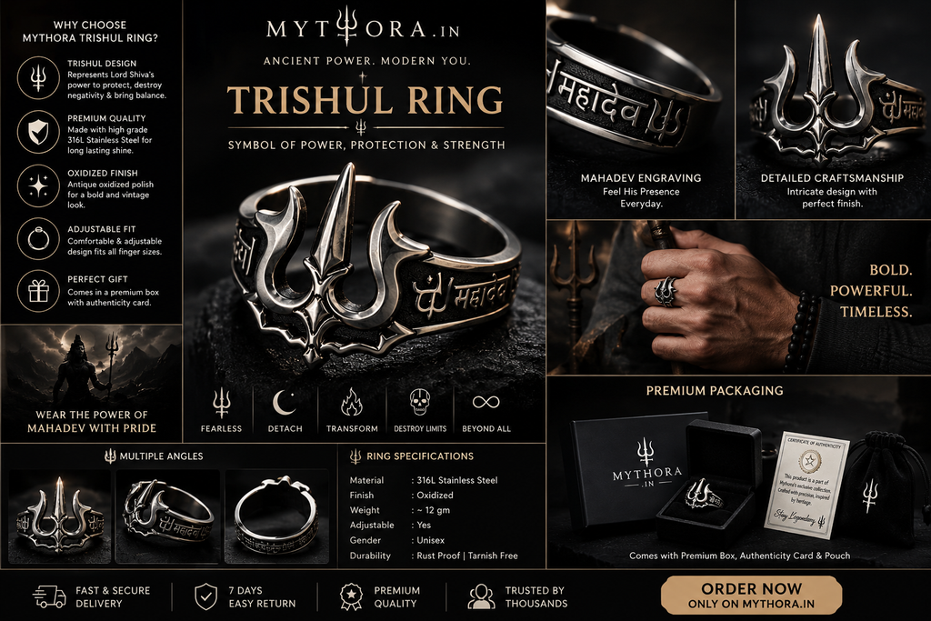 Trishul Ring for Men & Women | Mahadev Shiva Ring | 316L Stainless Steel | Mythora.in